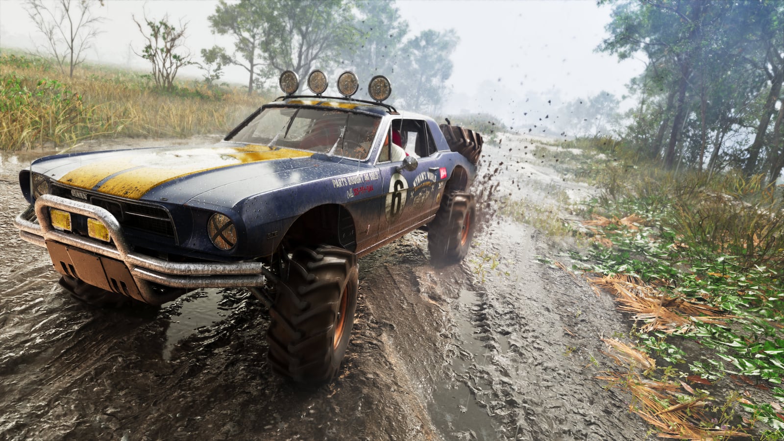 Vapid Dominator Buggy 1967, buggy tout-terrain bleu et jaune roulant dans la boue