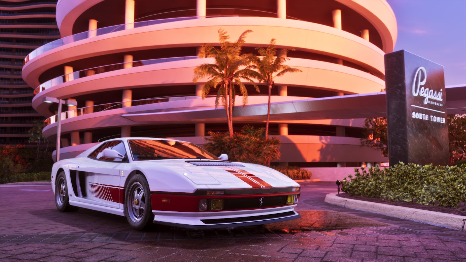 Grotti Cheetah 1995, supercar blanche à bandes rouges devant un immeuble Pegassi Residences